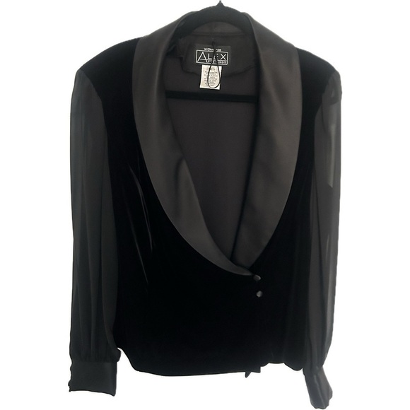 Alex Evenings Women’s 1X Black Velvet Sheer Long Sleeve Plunge Neckline Blouse - Picture 2 of 9